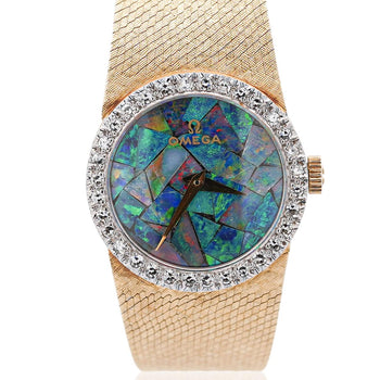 Omega 23mm Fire Black Opal Dial & Diamond Bezel 14K Gold Vintage Watch – Assay Jewelers