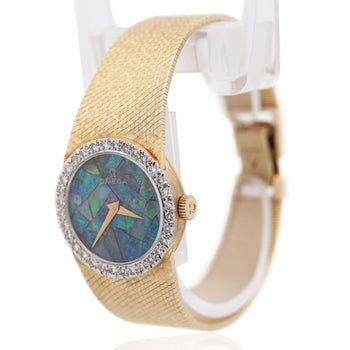 Omega 23mm Fire Black Opal Dial & Diamond Bezel 14K Gold Vintage Watch – Assay Jewelers
