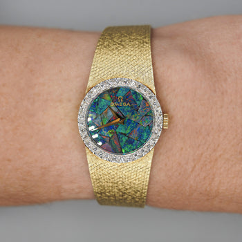 Omega 23mm Fire Black Opal Dial & Diamond Bezel 14K Gold Vintage Watch – Assay Jewelers