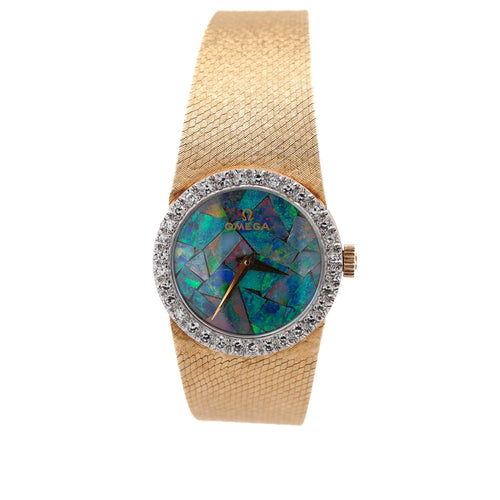 Omega 23mm Fire Black Opal Dial & Diamond Bezel 14K Gold Vintage Watch