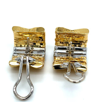 Orlandini Signed 18K Two Tone Gold Ribbed Bar Hug Hoop Earrings with Round Cut Diamonds – Assay Jewelers