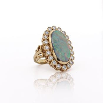 Oval Boulder Opal & 2 Carat Round Cut Diamond Halo 18K Gold Vintage Ring – Assay Jewelers