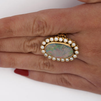 Oval Boulder Opal & 2 Carat Round Cut Diamond Halo 18K Gold Vintage Ring – Assay Jewelers