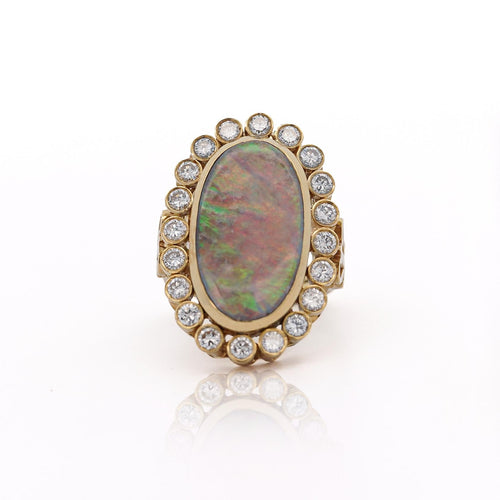 Oval Boulder Opal & 2 Carat Round Cut Diamond Halo 18K Gold Vintage Ring