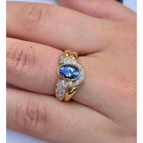 Oval Cut Tanzanite Statement Double Band Ring in 14k Yellow Gold