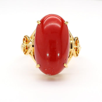 Oval Redish Orange Coral Cabochon 18K Gold Filigree Scrollwork Ring – Assay Jewelers