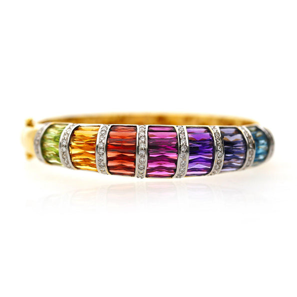 Rainbow Multi-Color Gemstone Baguette 18K Gold Band Bangle Bracelet
