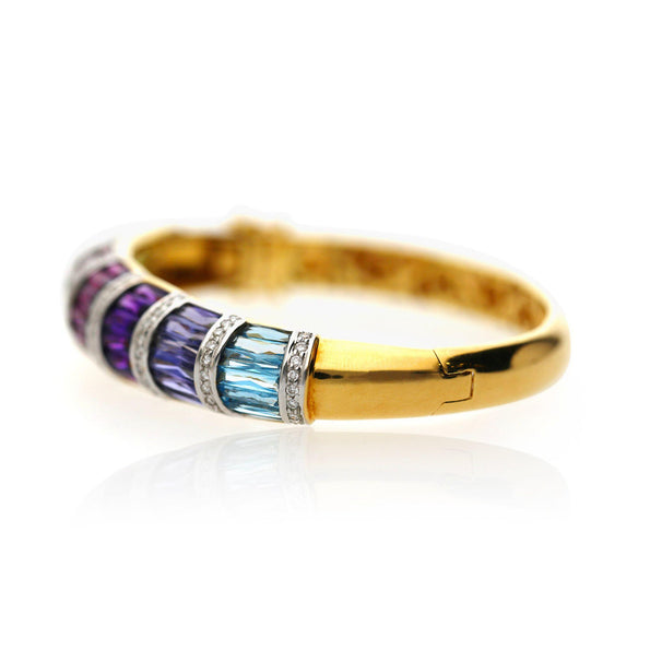Rainbow Multi-Color Gemstone Baguette 18K Gold Band Bangle Bracelet