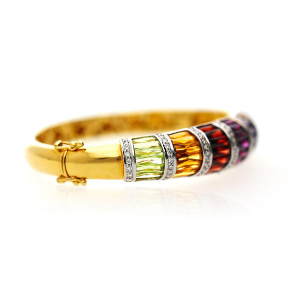 Rainbow Multi-Color Gemstone Baguette 18K Gold Band Bangle Bracelet