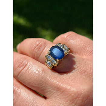 Retro Style Chanthaburi Blue Sapphire ring with Baguette Diamond Sidestones – Assay Jewelers
