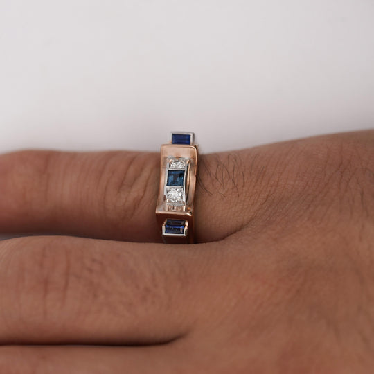 Retro Style Sapphire & Diamond Channel 14K Two Tone Unisex Band Ring