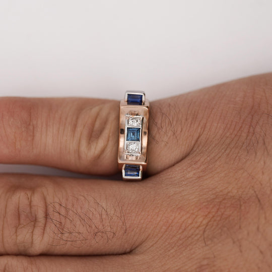 Retro Style Sapphire & Diamond Channel 14K Two Tone Unisex Band Ring