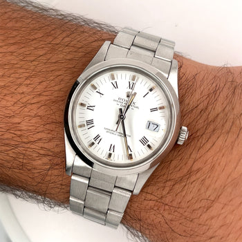 Rolex 34mm Oyster Perpetual Date Ref. 15200 White Dial Roman Numerals and Oyster Bracelet in Stainless Steel Watch – Assay Jewelers