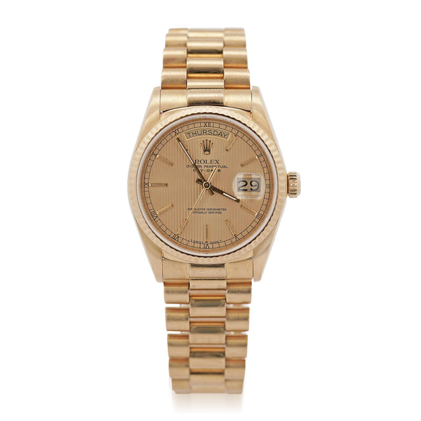 Rolex Daydate 36mm 18K Gold Fluted Bezel Champagne Tapestry Presidential Watch