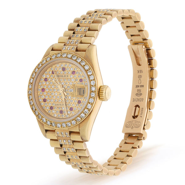 Rolex Lady Datejust 26mm 18K Yellow Gold Diamond Ruby Pave Dial President Watch