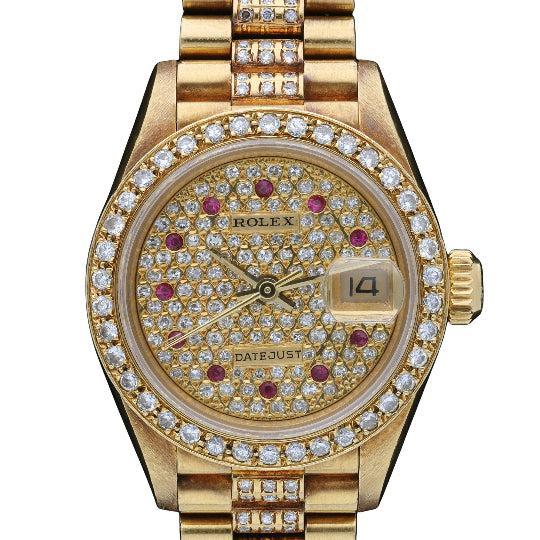 Rolex Lady Datejust 26mm 18K Yellow Gold Diamond Ruby Pave Dial President Watch