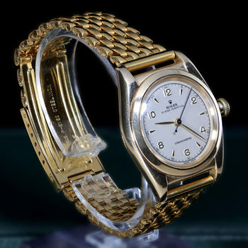 Rolex OP 3131 Bubbleback 18K Gold 31mm Chronometre White Arabic Dial Watch – Assay Jewelers