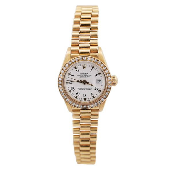 Rolex OP DateJust Presidential White Face 26mm Diamond Bezel 18K Gold Watch