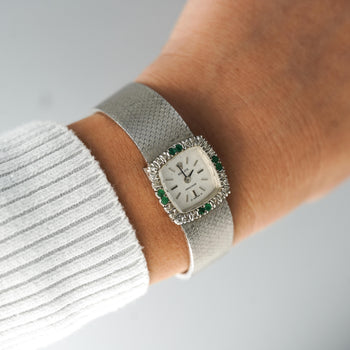 Rolex Precision Emerald & Diamond Bezel 18K White Gold Frosted Bracelet Watch – Assay Jewelers