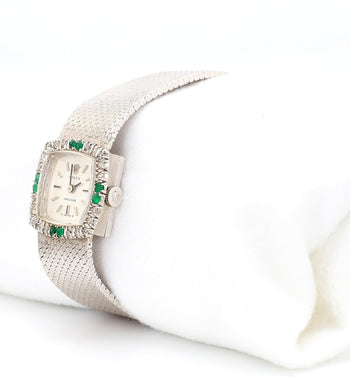 Rolex Precision Emerald & Diamond Bezel 18K White Gold Frosted Bracelet Watch – Assay Jewelers