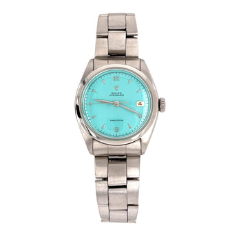 Rolex Turquoise Blue Oyster Perpetual Date Precision 36mm Vintage 1963 Watch In Stainless Steel With Oyster Bracelet – Assay Jewelers