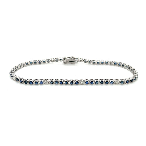 Round Cut Blue Sapphire & Diamond Prong Set Tennis Bracelet in 14K White Gold