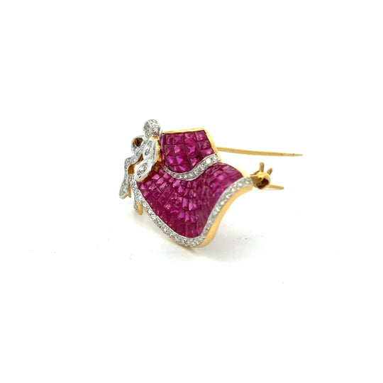 Ruby & Diamond Hat Motif 18K Yellow Gold Convertible Brooch Pin Pendant