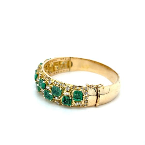 Square Cut Emerald and Baguette Diamond Bangle in 14k Yellow Gold