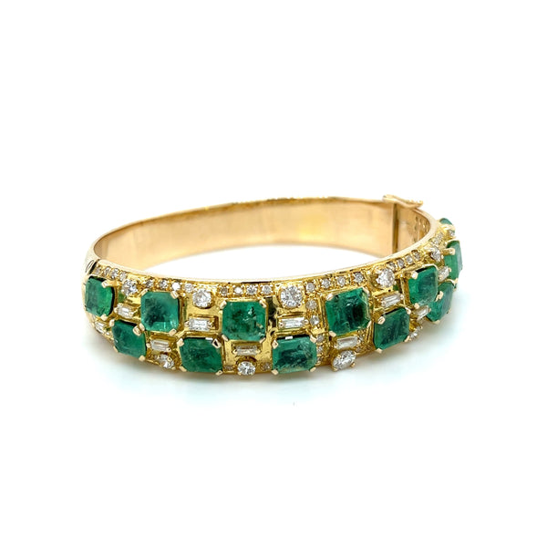 Square Cut Emerald and Baguette Diamond Bangle in 14k Yellow Gold