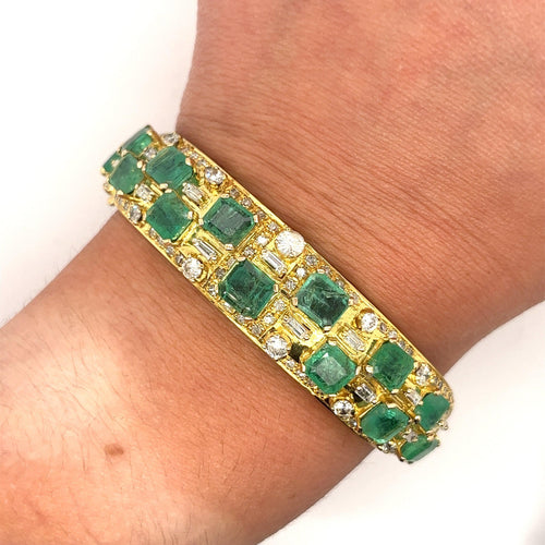 Square Cut Emerald and Baguette Diamond Bangle in 18k Yellow Gold