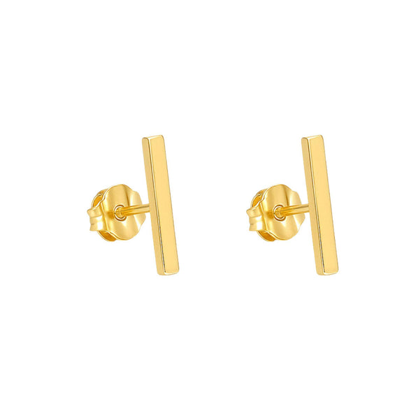 Thin 14K Gold Bar 10mm Stud Earrings On Push Backs