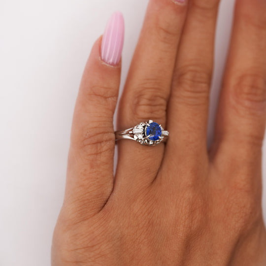 Vintage 0.97 Carat Oval Blue Sapphire & Diamond Filigree in Platinum Floral Ring