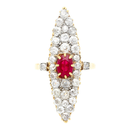Vintage 14K Yellow Gold Old-Cut Ruby and Diamond Cocktail Long Ring