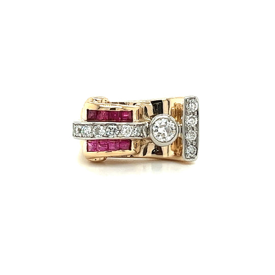 Vintage 14k Gold Retro Style Old Euro Cut Diamond and Baguette Cut Ruby Ring
