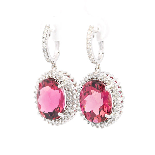 Vintage 16 Carat Pink Checkerboard Oval-Cut Tourmaline and Diamond Earring