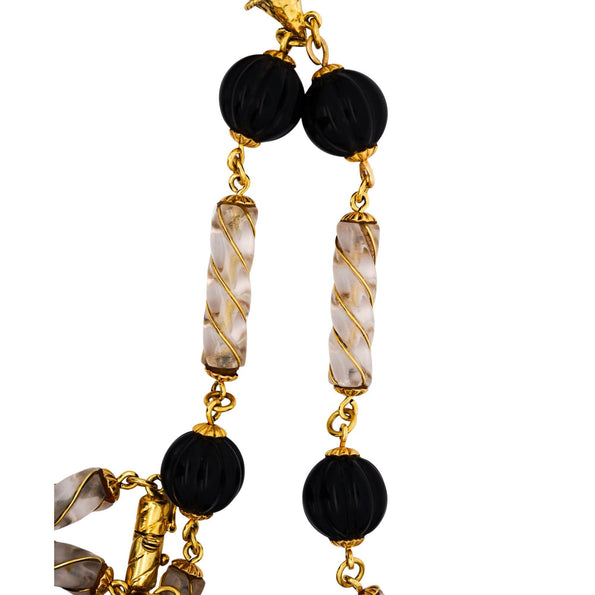 Vintage 18K Gold Tassel Necklace Quartz Black Onyx Diamond - 30 inches