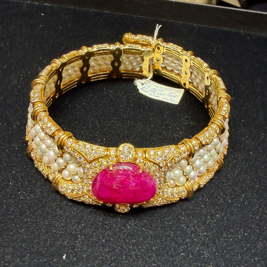 Vintage 45 Carat No Heat Ruby, Diamond, and Pearl Cuff Choker Necklace