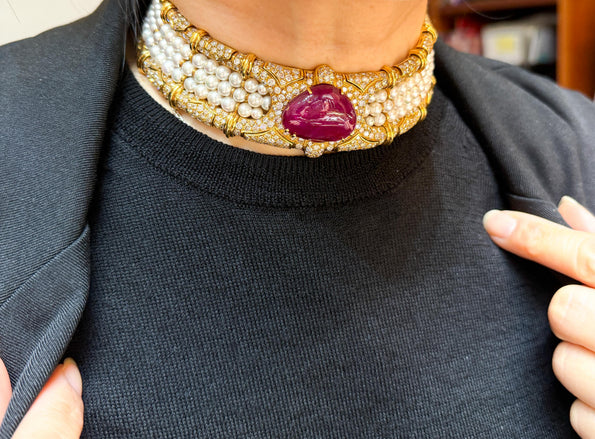 Vintage 45 Carat No Heat Ruby, Diamond, and Pearl Cuff Choker Necklace