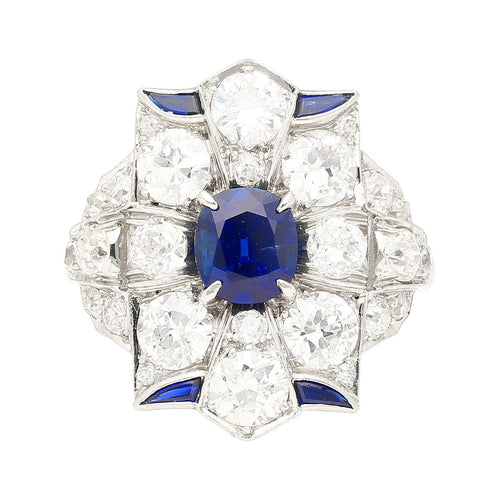 Vintage AGL Certified No Heat Blue Sapphire and Old Euro Cut Diamond Ring in Platinum