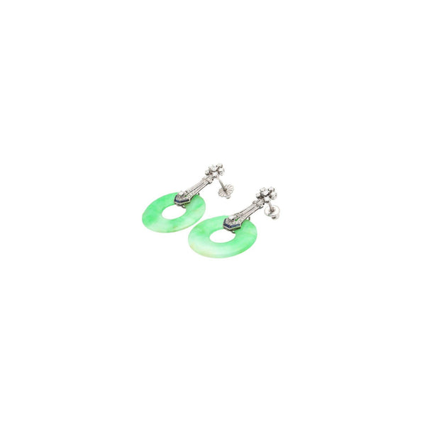 Vintage Art Deco Jadeite Jade, Diamond & Sapphire Drop Earrings in 14K