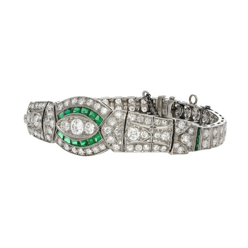 Vintage Art Deco Old Euro Cut Diamond and Emerald Bracelet in Platinum