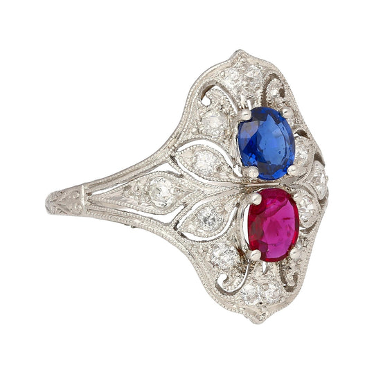 Vintage Art Deco Platinum 1.21 Carat Pink Ruby and Blue Sapphire Ring