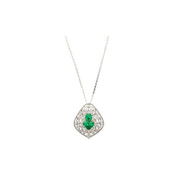 Vintage Art Nouveau Style Carved 18K White Gold Pendant Necklace With Shield Cut Emerald and Diamond Side Stones – Assay Jewelers