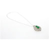 Vintage Art Nouveau Style Carved 18K White Gold Pendant Necklace With Shield Cut Emerald and Diamond Side Stones