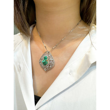 Vintage Art Nouveau Style Carved 18K White Gold Pendant Necklace With Shield Cut Emerald and Diamond Side Stones – Assay Jewelers