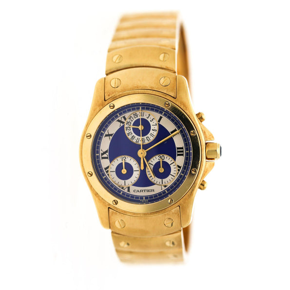 Vintage Cartier Ronde Blue Chronograph 18K Gold 30mm Watch