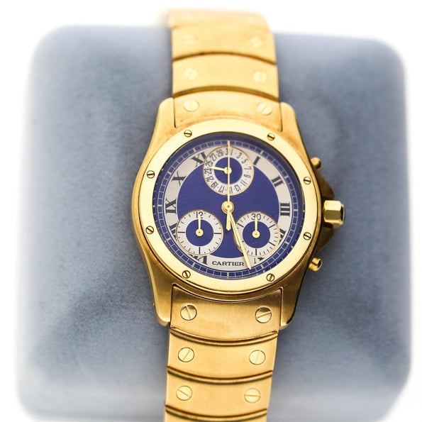Vintage Cartier Ronde Blue Chronograph 18K Gold 30mm Watch