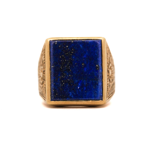 Vintage Lapis Lazuli 18K Gold Floral Engraved Square Mens Signet Ring