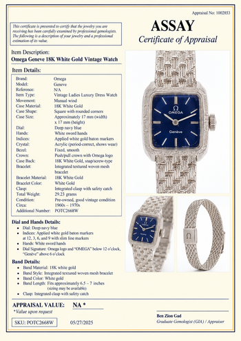 Vintage Omega Geneve Ladies 18K White Gold Blue Dial Square Mesh Bracelet Watch – Assay Jewelers