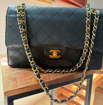 Vintage Rare Original Chanel Medium Classic Flap – Navy Blue Caviar Leather – Assay Jewelers